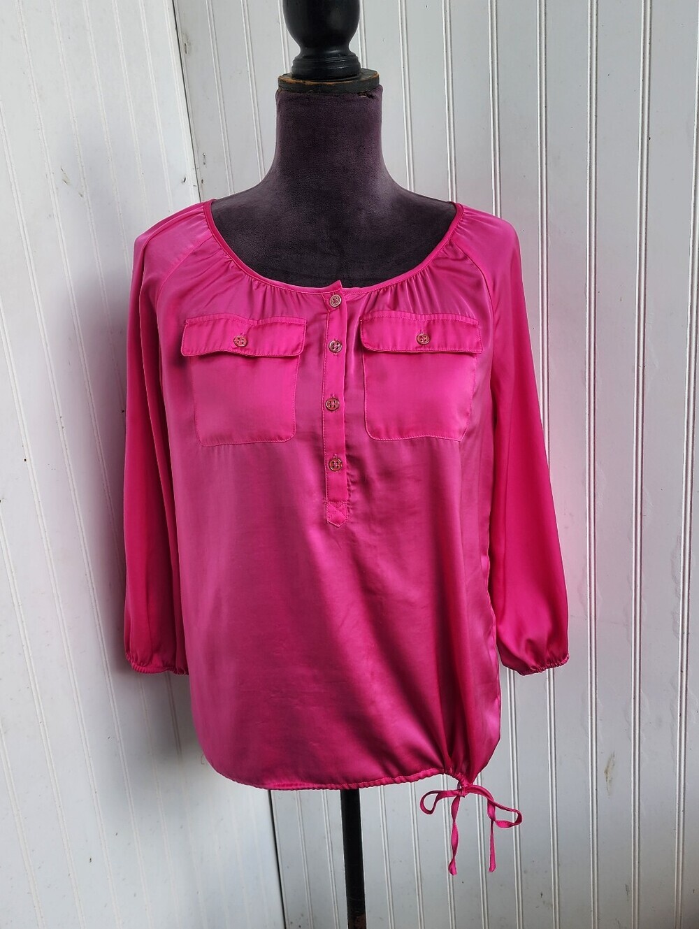 New York & Company Womens Pink 3/4 Sleeve Blouse Satin Buttons Lighweight XS